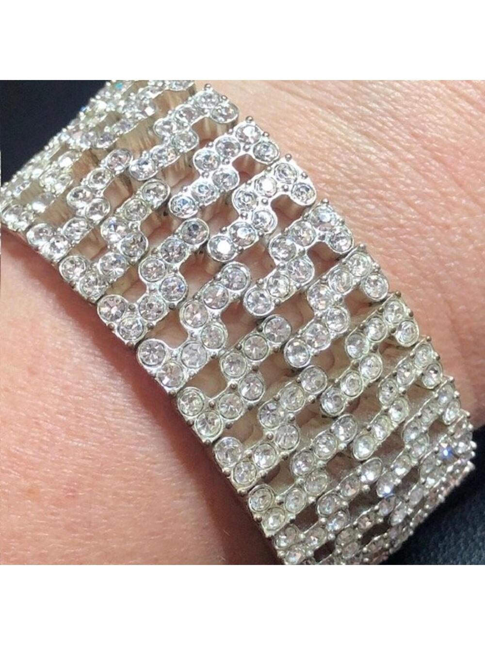 B3197 Monet Stretch Bracelet Rhinestone Crystal Wide Silver Tone 1.25"wide heavy